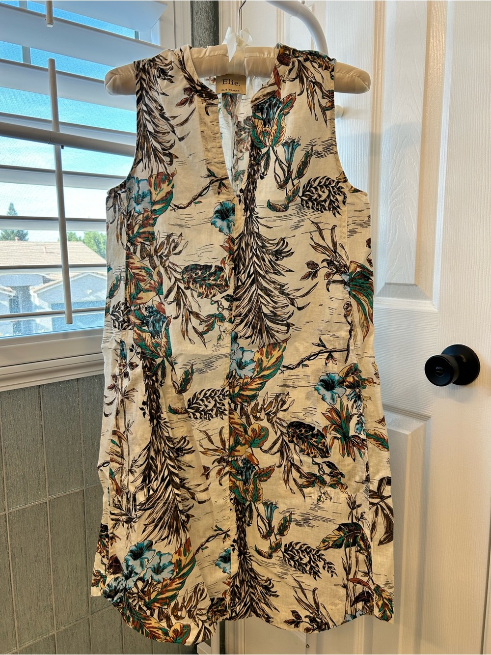 Elie Tahari Cream Mini Dress with Teal & Brown Botanical Print